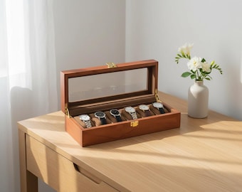 Vintage Wooden Watch Box, 6 Slot Watch Display Case with Glass Top