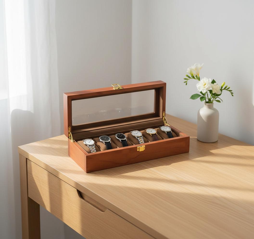 Vintage Wooden Watch Box, 6 Slot Watch Display Case with Glass Top