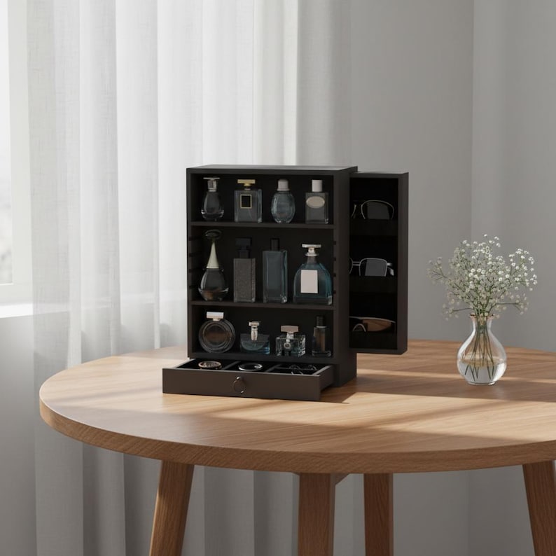 Wooden Cologne Organizer, 4-tier Display With Drawers, Black Fragrance ...