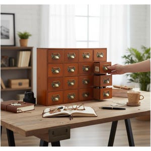 May include: A wooden storage cabinet with sixteen small drawers, each with a brass pull and label holder. The cabinet is a warm brown color and sits on a wooden desk. A hand is opening one of the drawers.