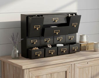 Vintage Apothecary Cabinet | Black Wooden Desk Organizer with 2 Drawers