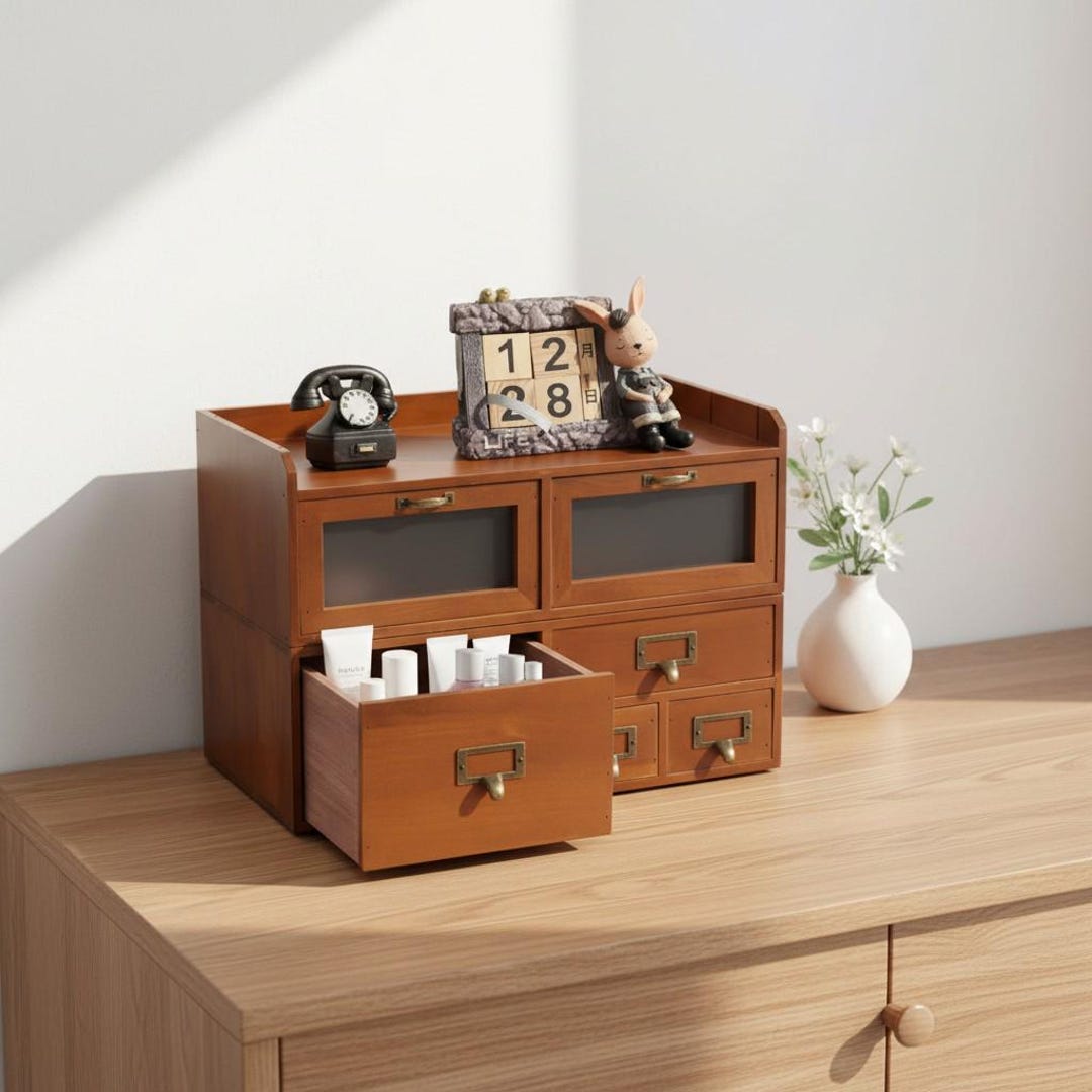 Vintage Desktop Drawer Organizer | Wooden Desk Storage Cabinet for ...