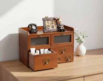 Vintage Desktop Drawer Organizer | Wooden Desk Storage Cabinet for Office