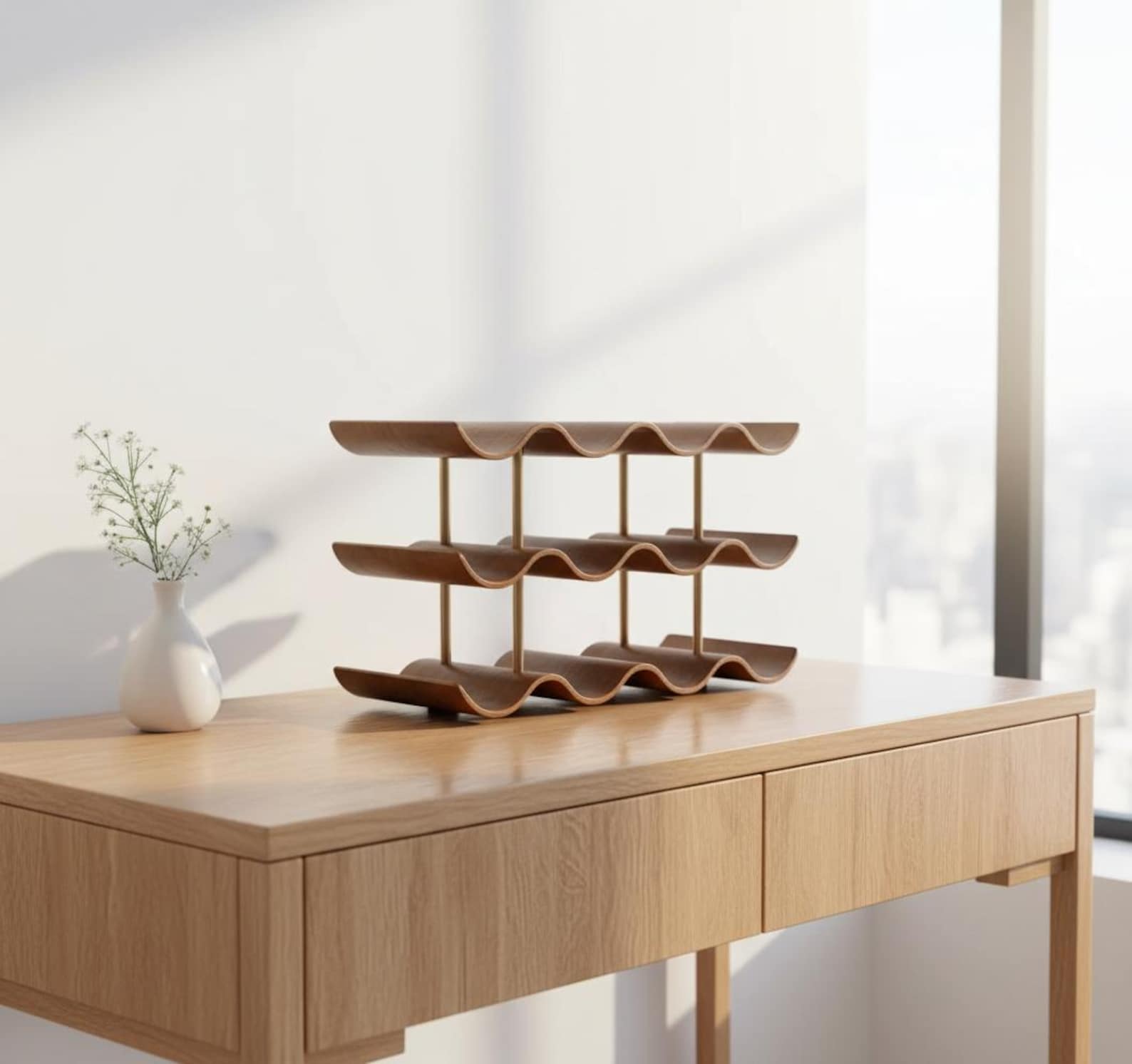 Walnut Wooden Wine Rack 12-Bottle, Freestanding 3-Tier Wine Storage Shelf