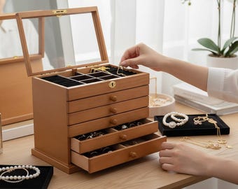 Wooden Jewelry Box with Mirror & Lock | Gift Storage Cabinet for Rings, Earrings  and Accessories