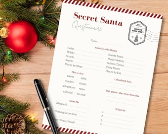 May include: A Secret Santa questionnaire with a festive design. The document includes prompts for favourite things, allergies, and a wish list. A black pen rests on the page, surrounded by Christmas decorations.