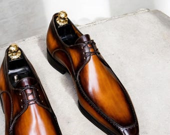 Scarpe Derby da uomo in pelle con lacci, lusso, con patina artigianale, uniche, da cerimonia.