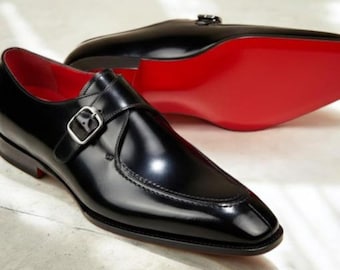 Zapatos Monk Strap de piel de becerro negra hechos a mano a medida – Calzado de vestir con suela roja