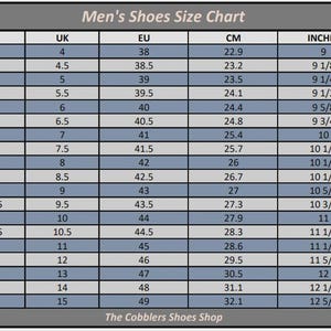 Pu&ograve; includere: Una tabella di conversione delle taglie di scarpe da uomo, con misure USA, Regno Unito, UE e CM, pi&ugrave; pollici. La tabella include le taglie USA da 5 a 16, con le corrispondenti misure Regno Unito, UE, CM e pollici. Il testo "Men's Shoes Size Chart" &egrave; visibile.