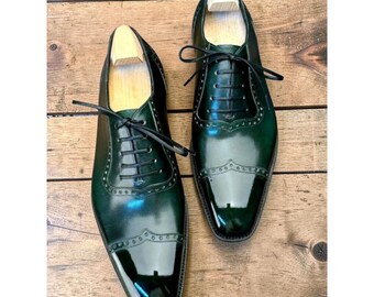 Scarpe Oxford da uomo in pelle lucida color verde smeraldo, realizzate a mano - Eleganti scarpe di lusso con finitura a specchio.