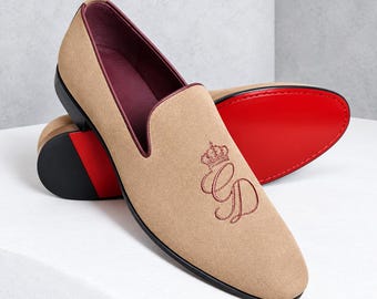 Bespoke Handmade Slip On Loafers Men, Tan Slippers Formal Suede Dress Shoes