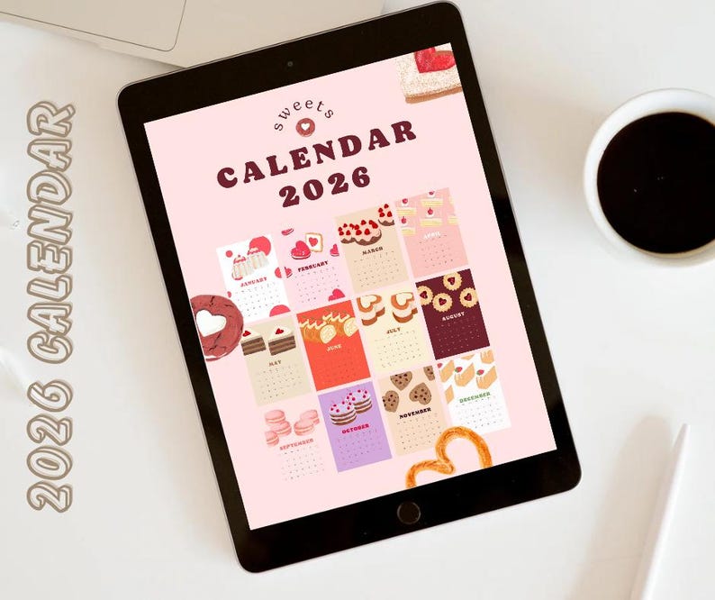 2026 Calendar | Cute Dessert Monthly Calendar | Pastel Aesthetic ...