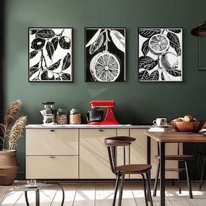 Set of 3 Lemon Prints, Kitchen, Black and white prints, Linocut Print