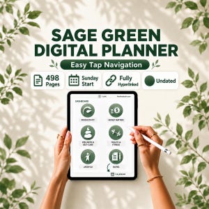 Agenda numérique non daté pour GoodNotes | Agenda iPad avec hyperlien | Navigation de style appli | Vert sauge | Début du dimanche