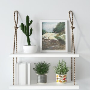 May include: A white hanging shelf with rope supports, featuring a framed landscape painting, a green cactus in a white pot, and two potted plants. The shelf also holds several white books.
