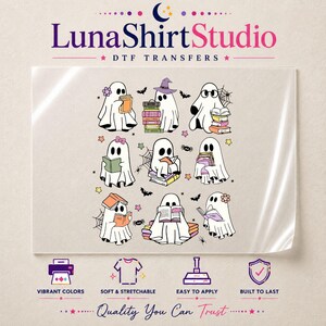 May include: A DTF transfer sheet from LunaShirtStudio featuring nine white ghost illustrations reading books. The ghosts are depicted with various accessories like hats, flowers, and bows, surrounded by small bats, spiders, and colorful stars.