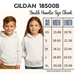 two children, a boy and a girl, wearing white hoodies. The image is a youth hoodie size chart, providing measurements for different age groups.