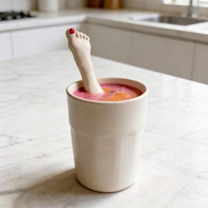 May include: A cream ceramic mug containing a pink and orange liquid. A sculpted foot with red nail varnish is submerged in the liquid. The mug is on a white marble surface.