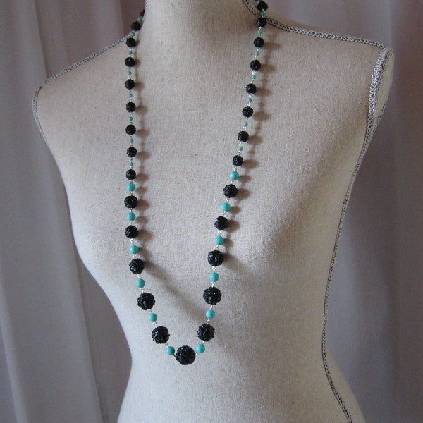 Vintage Chain Style Black and Turquoise Bead Necklace - 36 Inches -Molded Black Beads - Statement Necklace - Vintage Plastic - Re-purposed