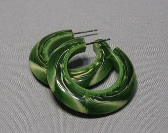 Vintage Marbled Dark Green Lucite Hoop Earrings