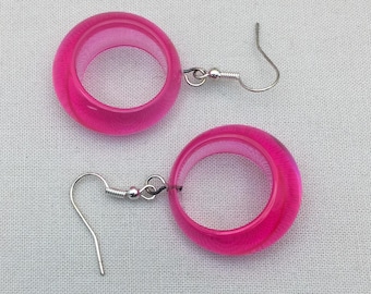 Vintage Clear Pink Lucite Hoop Earrings, Silver Tone Wires