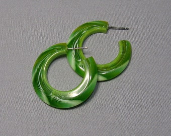 Vintage Marbled Bright Green Lucite Hoop Earrings