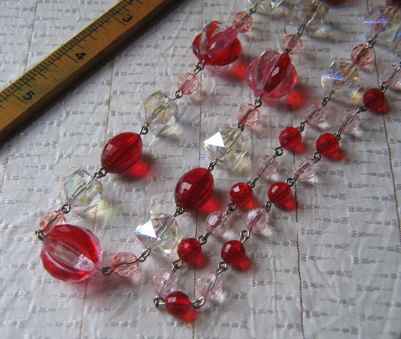Vintage Plastic Vintage  Chain Style Red Pink Clear Plastic Bead Necklace Statement Necklace Repurposed Prystal 31 Inches