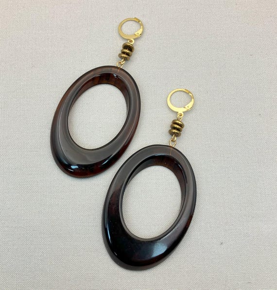 Statement Tortoise Lucite Earrings, Oval Hoop Dan… - image 1