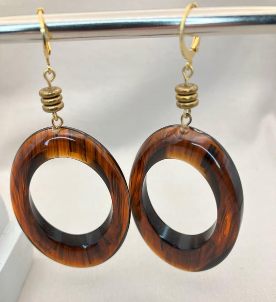 Statement Tortoise Lucite Earrings, Oval Hoop Dan… - image 4