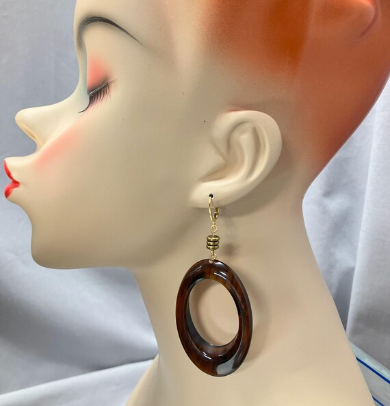 Statement Tortoise Lucite Earrings, Oval Hoop Dan… - image 2