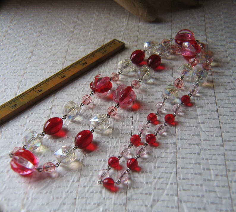 Vintage Plastic Vintage  Chain Style Red Pink Clear Plastic Bead Necklace Statement Necklace Repurposed Prystal 31 Inches
