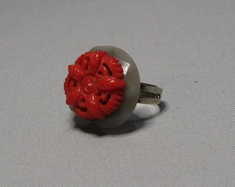 Handmade Vintage Gray Glass and Red Plastic Adjustable Ring