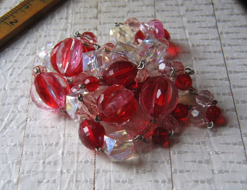 Vintage Plastic Vintage Chain Style Red Pink Clear Plastic Bead Necklace Statement Necklace Repurposed Prystal 31 Inches