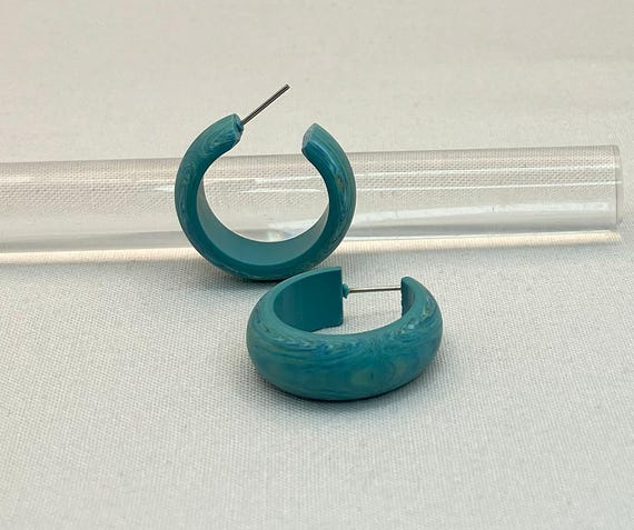 Teal Matte Marbled Lucite Hoop Earrings