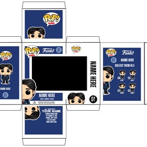 May include: A Funko Pop! box template, featuring a stylized illustration of a person in a suit. The box is white with blue accents and includes the text "POP!" and "Funko". The box is designed to be assembled.