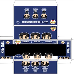 Può includere: Un modello di scatola Funko Pop! per un pacco da tre, con sfondo blu scuro. La scatola presenta illustrazioni di tre figure, con aree per la personalizzazione, tra cui etichette "NAME HERE" e "YOUR NAME". Il logo Funko Pop! è visibile.