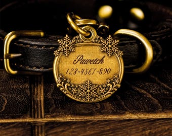 Messing Haustier Tag, Schneeflocke Hund Katze Namensschild, personalisierte gravierte Halsband Charme