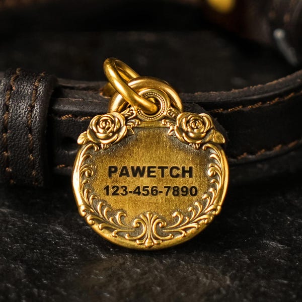 Vintage Rose Brass Pet ID Tag, Personalized Dog Cat Name Tag