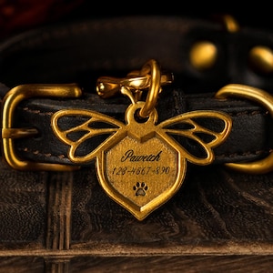 May include: A gold-colored pet tag in the shape of a bee, attached to a black leather collar with gold hardware. The tag has the name "Paweich", a phone number, and a paw print. The tag is a personalized accessory for pets.