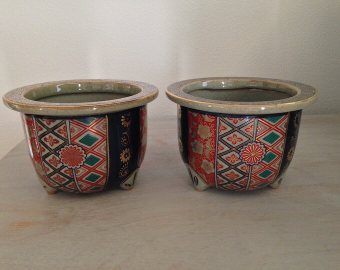 Vintage Japanese Imari Planter Pots Navy Gold Red Green Floral Scroll