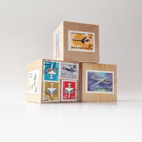 Wood blocks. Airplane nursery decor. Aviation. Stamps. Airplane theme decor. children. Upcycled toy. Shelf sitter. Blocks. Unique gift.