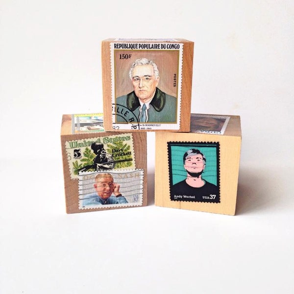 Children's stacking blocks. Vintage postage stamps. Famous Faces.  Jumbo Blocks. Upcycled. Stamp collector. Children. Eco friendly Baby toy.