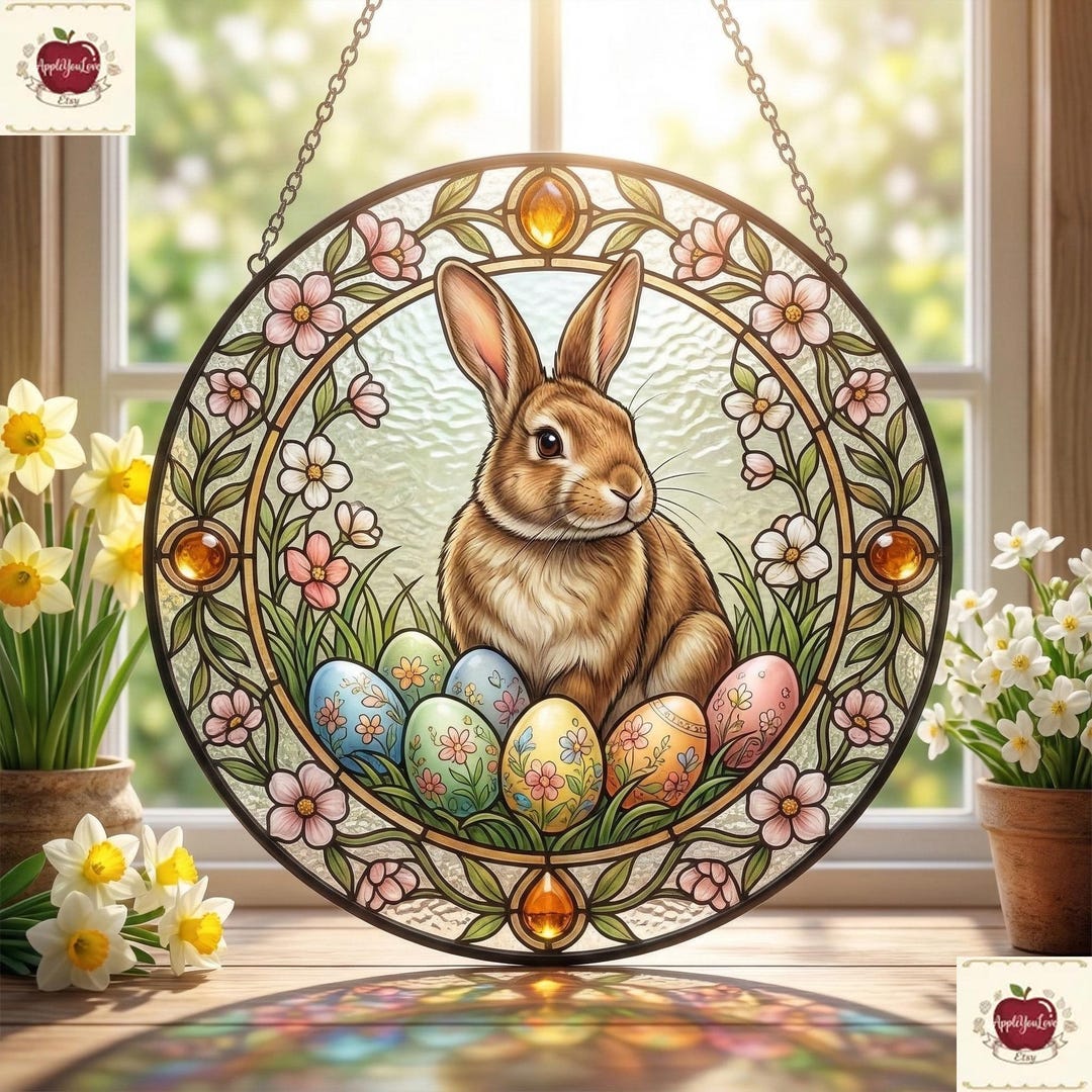 Floral Easter Bunny Stained Glass Suncatcher, Spring Rabbit Window ...