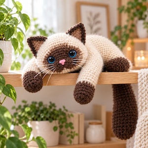 Ragdoll Cat Crochet Pattern PDF, Floppy Weighted Amigurumi Cat, Seal Point Kitty Plush with Blanket, Shelf Sitter Cat Toy