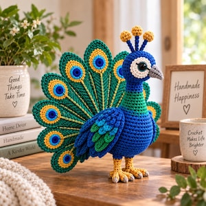 Crochet Peacock Pattern, Fanning Tail Bird Amigurumi PDF, Interactive Plush Toy Tutorial, Colorful Bird Crochet Pattern Gift