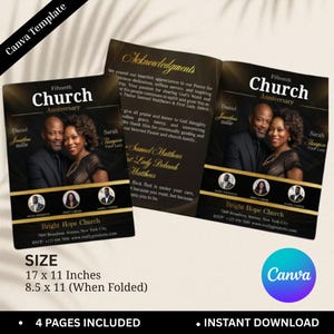 Programa de aniversario de la iglesia / Programa de agradecimiento al pastor / Evento de aniversario pastoral / Marrón y dorado / Plantilla de programa de iglesia en Canva para hacerlo tú mismo
