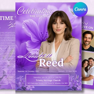 May include: A funeral programme template featuring a portrait of a woman in a beige blazer against a purple floral background. Text includes Celebrating the Life of Lauren Reed, Sunrise 14 October 1985, Sunset 22 May 2026, and service details.