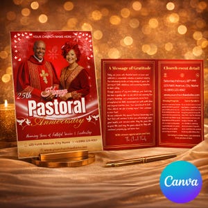 May include: A red and gold Pastoral Anniversary card with a photo of a smiling couple. The card includes the text "Happy Pastoral Anniversary" and event details. A gold pen and stand are in the foreground.