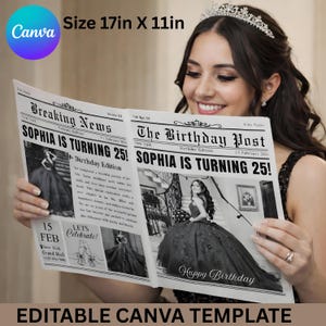 May include: A newspaper-style birthday announcement template, sized 17 x 11 inches, featuring the headline "Sophia is Turning 25!" and the text "Happy Birthday." The design includes photos and the Canva logo.