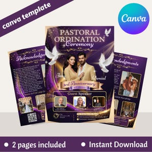 May include: A Canva template for a Pastoral Ordination Ceremony. The design features a purple and gold color scheme with images of a couple, doves, and the text "3rd Anniversary." Includes "2 pages included" and "Instant Download" text.
